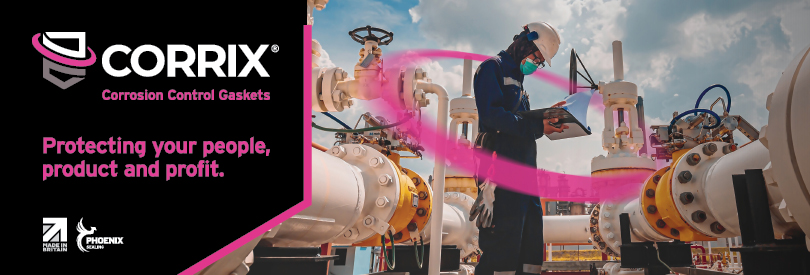A photo of an engineer checking pipe integrity. He is surrounded by a protective pink halo indicative of the protection provided by CORRIX gaskets.